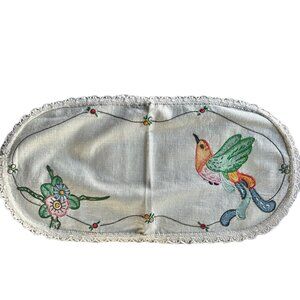 Hand-Painted & Embroidered Table Runner 22" X 11" Beige Cotton Linen Blend Bird